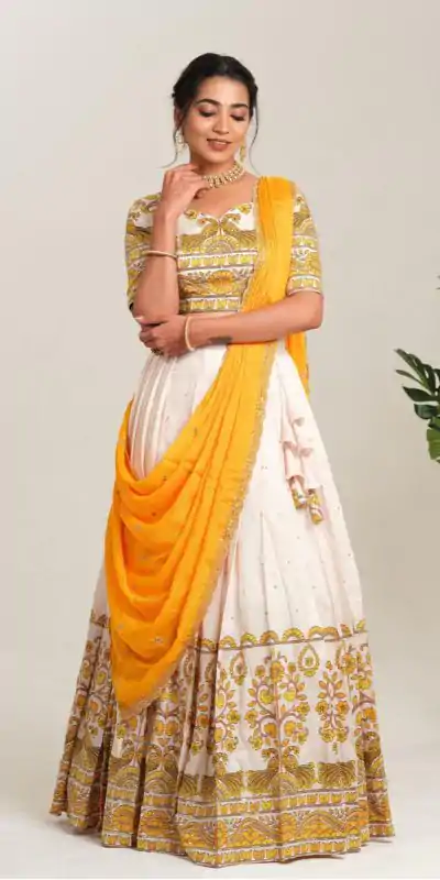 PC 504 Yellow Color Cotton Kalamkari Print Lehenga Choli Wedding, Party, Festival, Events Etc. Delivery 4-6 Working Days @2149/- | Creative Lehenga, Bollywood Lehenga, Designer Lehenga, Embroidered Lehenga, Lehenga, Party Wear Lehenga