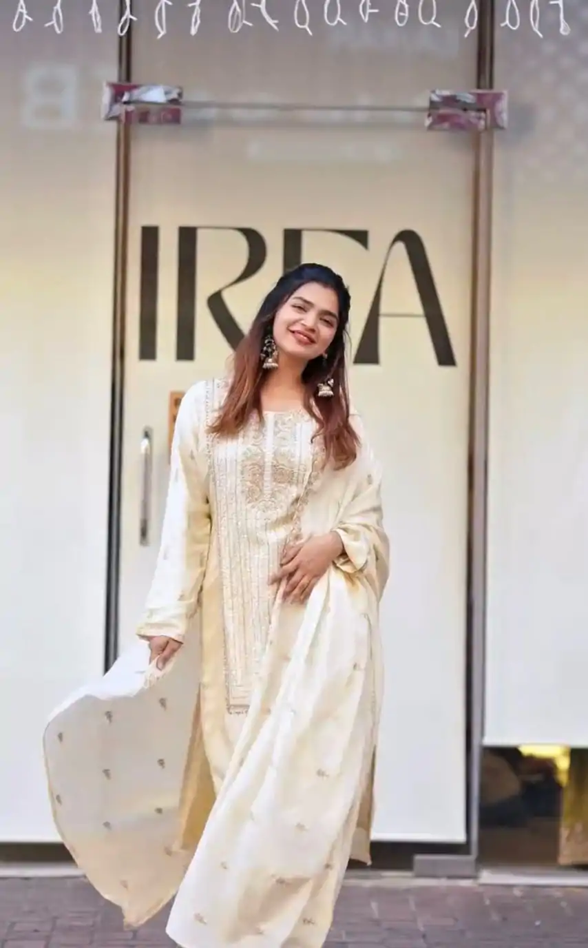 VLM 268 Half White Color Georgette With Embroidery Work Salwar Suit Casual, Wedding, Festive, Events . Expected Delivery  4-6 Working Days @2099/- only      | Casual Suits, Jump Suits, Creative suits, Designer Suits, Palazzo Suits, Party Wear Suits, Patiala Suits, Salwar suit, Straight Suits