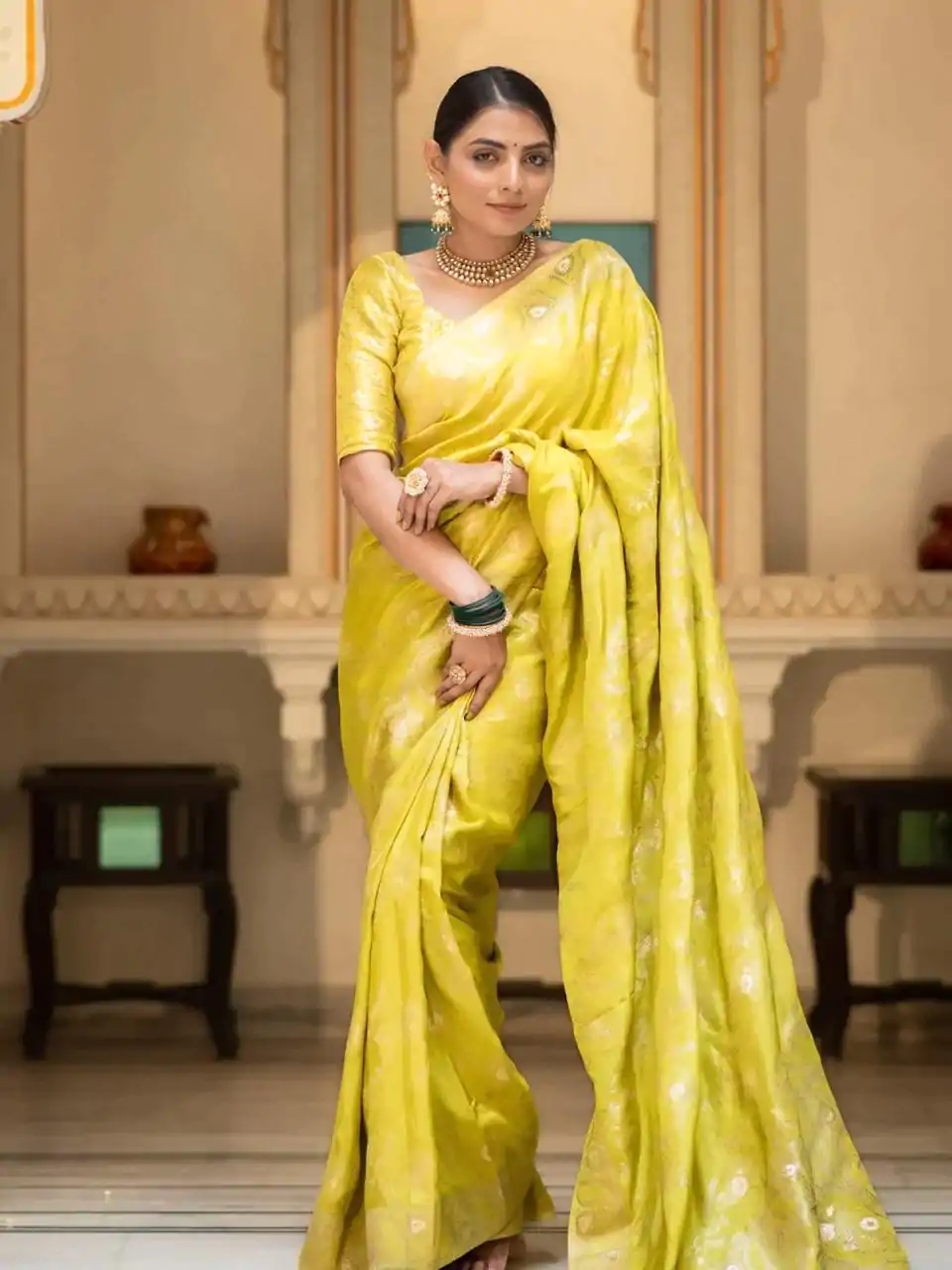 MB 494 Lemon Yellow Color Soft Litchi Silk All Over Weaving Saree Casual, Wedding, Festive, Events . Expected Delivery  4-6 Working Days @1199/- only                                                                                                                                             | Embroidered Sarees, Bollywood Sarees, Creative Sarees, Designer Sarees, Ethnic Saree, Modern Digital sarees, Party Wear Sarees, Sarees