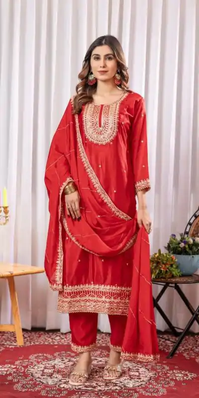 DC G89 Red Color Chinon Thread Sequence Work Salwar Suit Casual, Wedding, Festive, Events . Expected Delivery  4-6 Working Days @1999/- only      | Casual Suits, Jump Suits, Creative suits, Designer Suits, Palazzo Suits, Party Wear Suits, Patiala Suits, Salwar suit, Straight Suits