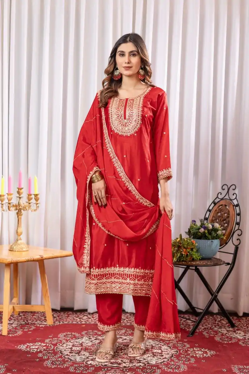 DC G89 Red Color Chinon Thread Sequence Work Salwar Suit Casual, Wedding, Festive, Events . Expected Delivery  4-6 Working Days @1999/- only      | Casual Suits, Jump Suits, Creative suits, Designer Suits, Palazzo Suits, Party Wear Suits, Patiala Suits, Salwar suit, Straight Suits