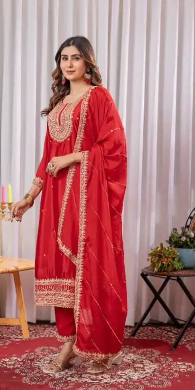DC G89 Red Color Chinon Thread Sequence Work Salwar Suit Casual, Wedding, Festive, Events . Expected Delivery  4-6 Working Days @1999/- only      | Casual Suits, Jump Suits, Creative suits, Designer Suits, Palazzo Suits, Party Wear Suits, Patiala Suits, Salwar suit, Straight Suits