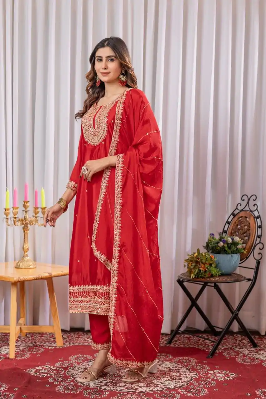 DC G89 Red Color Chinon Thread Sequence Work Salwar Suit Casual, Wedding, Festive, Events . Expected Delivery  4-6 Working Days @1999/- only      | Casual Suits, Jump Suits, Creative suits, Designer Suits, Palazzo Suits, Party Wear Suits, Patiala Suits, Salwar suit, Straight Suits