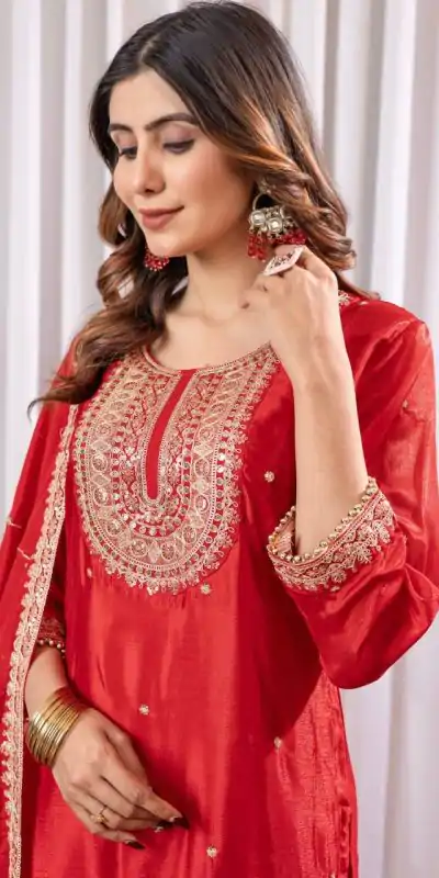 DC G89 Red Color Chinon Thread Sequence Work Salwar Suit Casual, Wedding, Festive, Events . Expected Delivery  4-6 Working Days @1999/- only      | Casual Suits, Jump Suits, Creative suits, Designer Suits, Palazzo Suits, Party Wear Suits, Patiala Suits, Salwar suit, Straight Suits