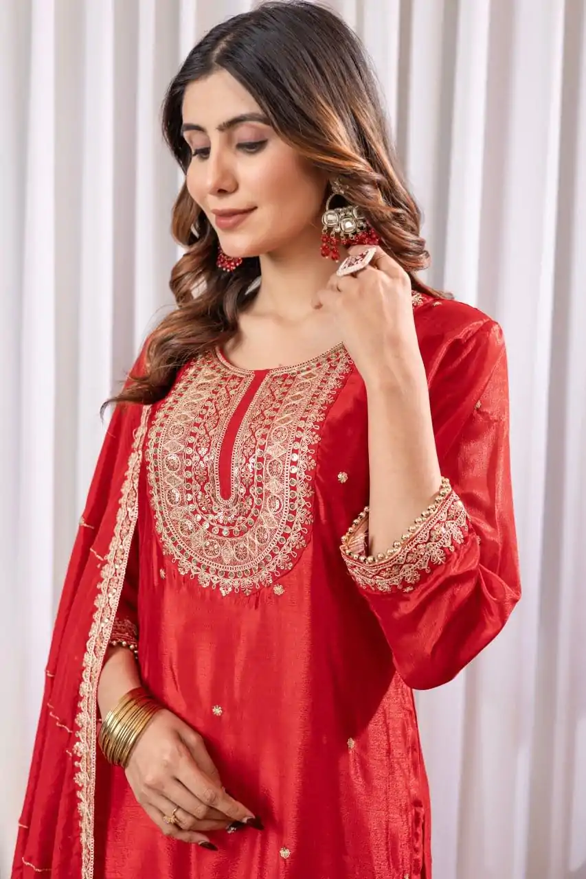 DC G89 Red Color Chinon Thread Sequence Work Salwar Suit Casual, Wedding, Festive, Events . Expected Delivery  4-6 Working Days @1999/- only      | Casual Suits, Jump Suits, Creative suits, Designer Suits, Palazzo Suits, Party Wear Suits, Patiala Suits, Salwar suit, Straight Suits