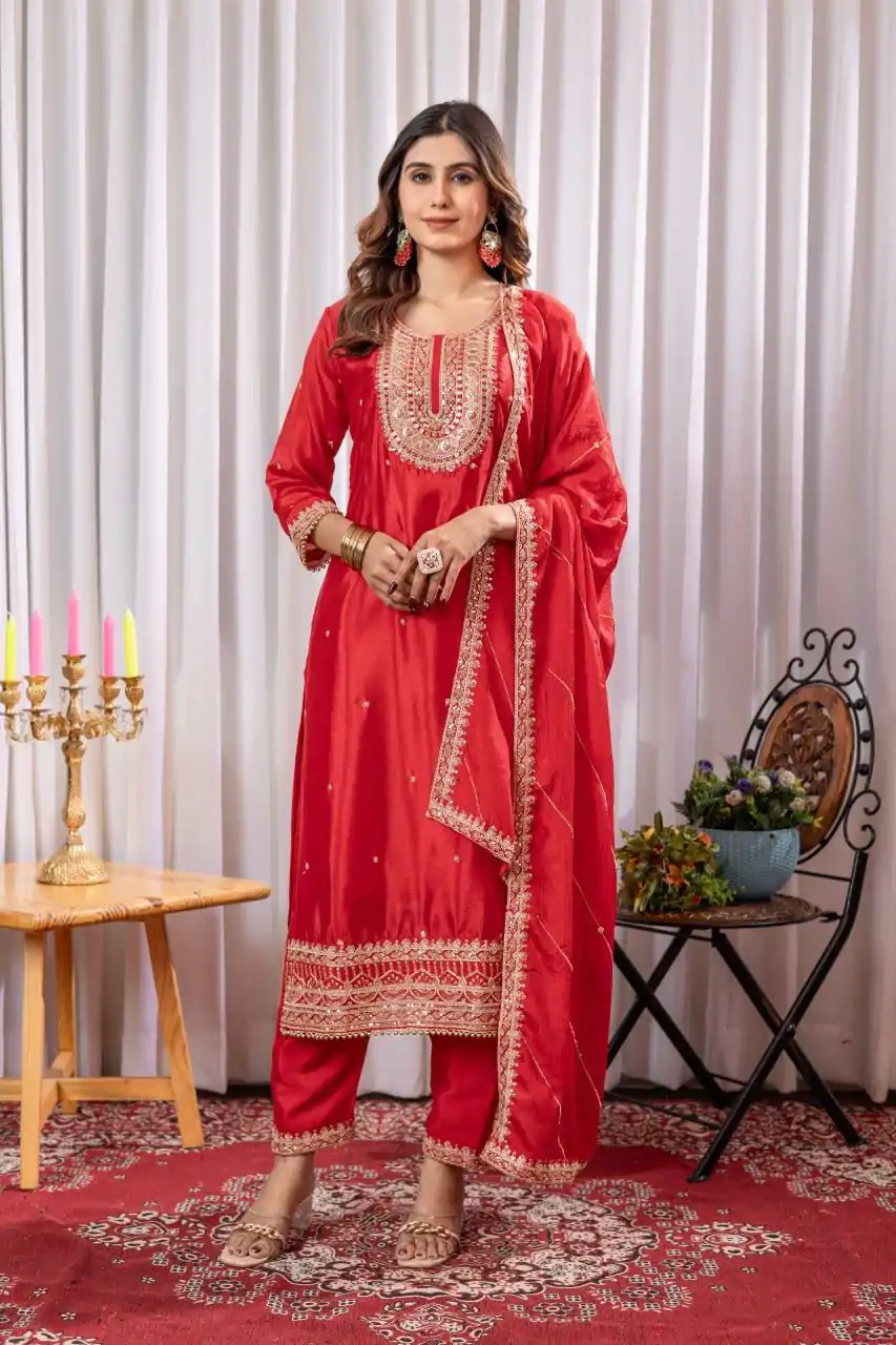 DC G89 Red Color Chinon Thread Sequence Work Salwar Suit Casual, Wedding, Festive, Events . Expected Delivery  4-6 Working Days @1999/- only      | Casual Suits, Jump Suits, Creative suits, Designer Suits, Palazzo Suits, Party Wear Suits, Patiala Suits, Salwar suit, Straight Suits