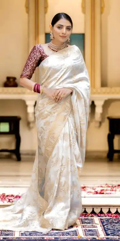 MB 494 White Color Soft Litchi Silk All Over Weaving Saree Casual, Wedding, Festive, Events . Expected Delivery  4-6 Working Days @1199/- only                                                                                                                                             | Embroidered Sarees, Bollywood Sarees, Creative Sarees, Designer Sarees, Ethnic Saree, Modern Digital sarees, Party Wear Sarees, Sarees