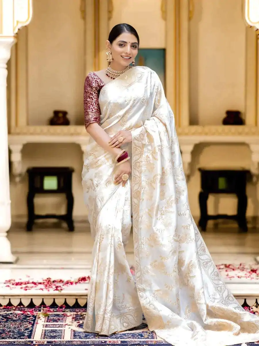 MB 494 White Color Soft Litchi Silk All Over Weaving Saree Casual, Wedding, Festive, Events . Expected Delivery  4-6 Working Days @1199/- only                                                                                                                                             | Embroidered Sarees, Bollywood Sarees, Creative Sarees, Designer Sarees, Ethnic Saree, Modern Digital sarees, Party Wear Sarees, Sarees