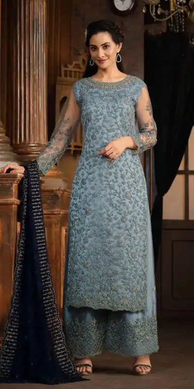 FC 5391 Blue Color Net With Coding Sequence Work Salwar Suit Casual, Wedding, Party, Festive, Events Etc.4-6 Working Days@ 2699/-only | Casual Suits, Jump Suits, Creative suits, Designer Suits, Palazzo Suits, Party Wear Suits, Patiala Suits, Salwar suit, Straight Suits