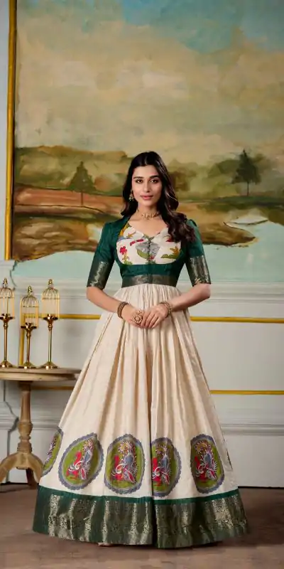 YNF 5310 Green Color Dola Silk Kalamkari Print Zari Weaving Broder Gown Casual, Wedding, Party, Festive, Events Etc.4-6 Working Days@ 1749/-only | Bollywood Gowns, Creative Gowns, Designer Gowns, Embroidered Gowns, Gowns, Party Wear Gowns