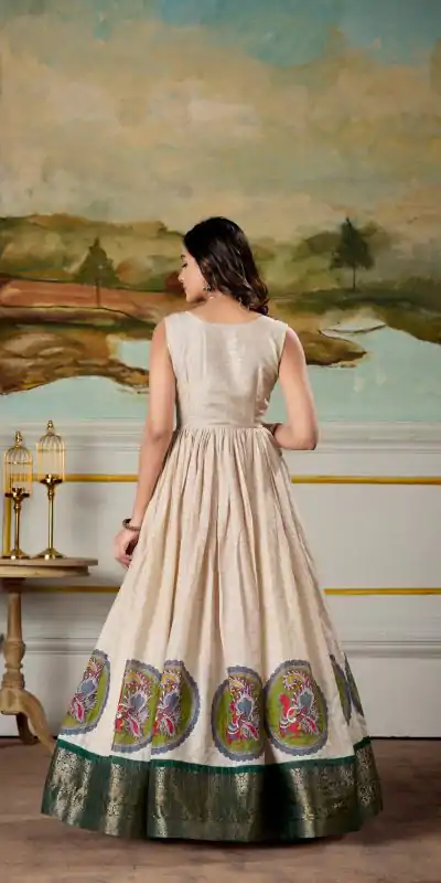 YNF 5310 Green Color Dola Silk Kalamkari Print Zari Weaving Broder Gown Casual, Wedding, Party, Festive, Events Etc.4-6 Working Days@ 1749/-only | Bollywood Gowns, Creative Gowns, Designer Gowns, Embroidered Gowns, Gowns, Party Wear Gowns