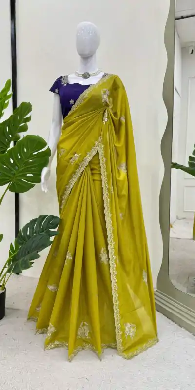 KD 576 Mustard Yellow Color Tesla Chiffon Work Thread Work Saree Casual, Wedding, Festive, Events . Expected Delivery  4-6 Working Days @1749/- only                                                                                                                                           | Embroidered Sarees, Bollywood Sarees, Creative Sarees, Designer Sarees, Ethnic Saree, Modern Digital sarees, Party Wear Sarees, Sarees