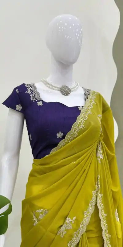 KD 576 Mustard Yellow Color Tesla Chiffon Work Thread Work Saree Casual, Wedding, Festive, Events . Expected Delivery  4-6 Working Days @1749/- only                                                                                                                                           | Embroidered Sarees, Bollywood Sarees, Creative Sarees, Designer Sarees, Ethnic Saree, Modern Digital sarees, Party Wear Sarees, Sarees