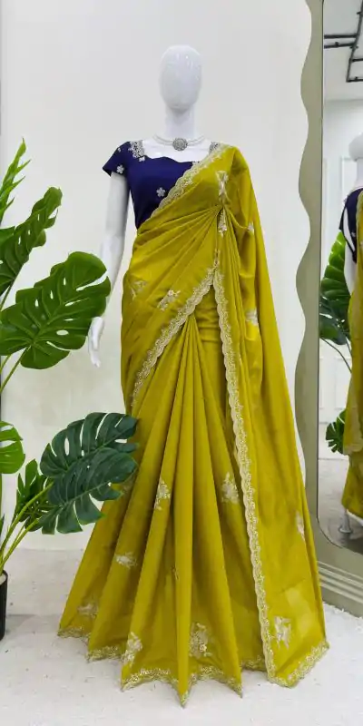 KD 576 Mustard Yellow Color Tesla Chiffon Work Thread Work Saree Casual, Wedding, Festive, Events . Expected Delivery  4-6 Working Days @1749/- only                                                                                                                                           | Embroidered Sarees, Bollywood Sarees, Creative Sarees, Designer Sarees, Ethnic Saree, Modern Digital sarees, Party Wear Sarees, Sarees