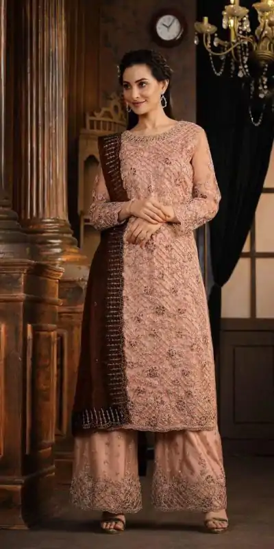 FC 5391 Peach Color Net With Coding Sequence Work Salwar Suit Casual, Wedding, Party, Festive, Events Etc.4-6 Working Days@ 2699/-only | Casual Suits, Jump Suits, Creative suits, Designer Suits, Palazzo Suits, Party Wear Suits, Patiala Suits, Salwar suit, Straight Suits