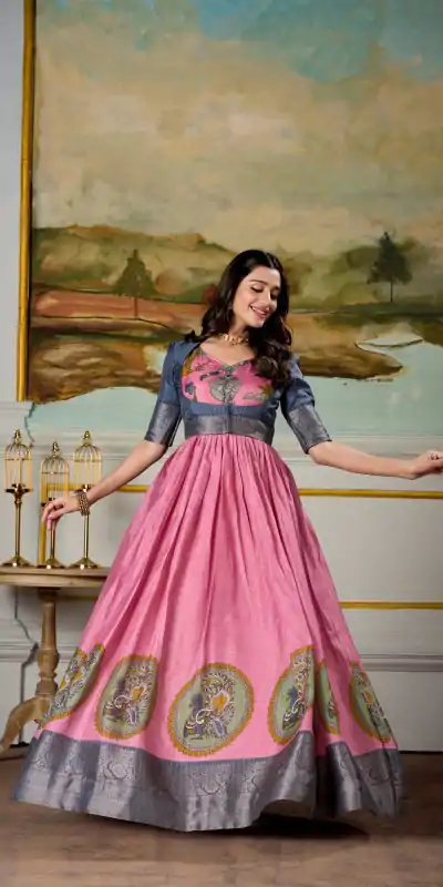 YNF 5310 Pink Color Dola Silk Kalamkari Print Zari Weaving Broder Gown Casual, Wedding, Party, Festive, Events Etc.4-6 Working Days@ 1749/-only | Bollywood Gowns, Creative Gowns, Designer Gowns, Embroidered Gowns, Gowns, Party Wear Gowns