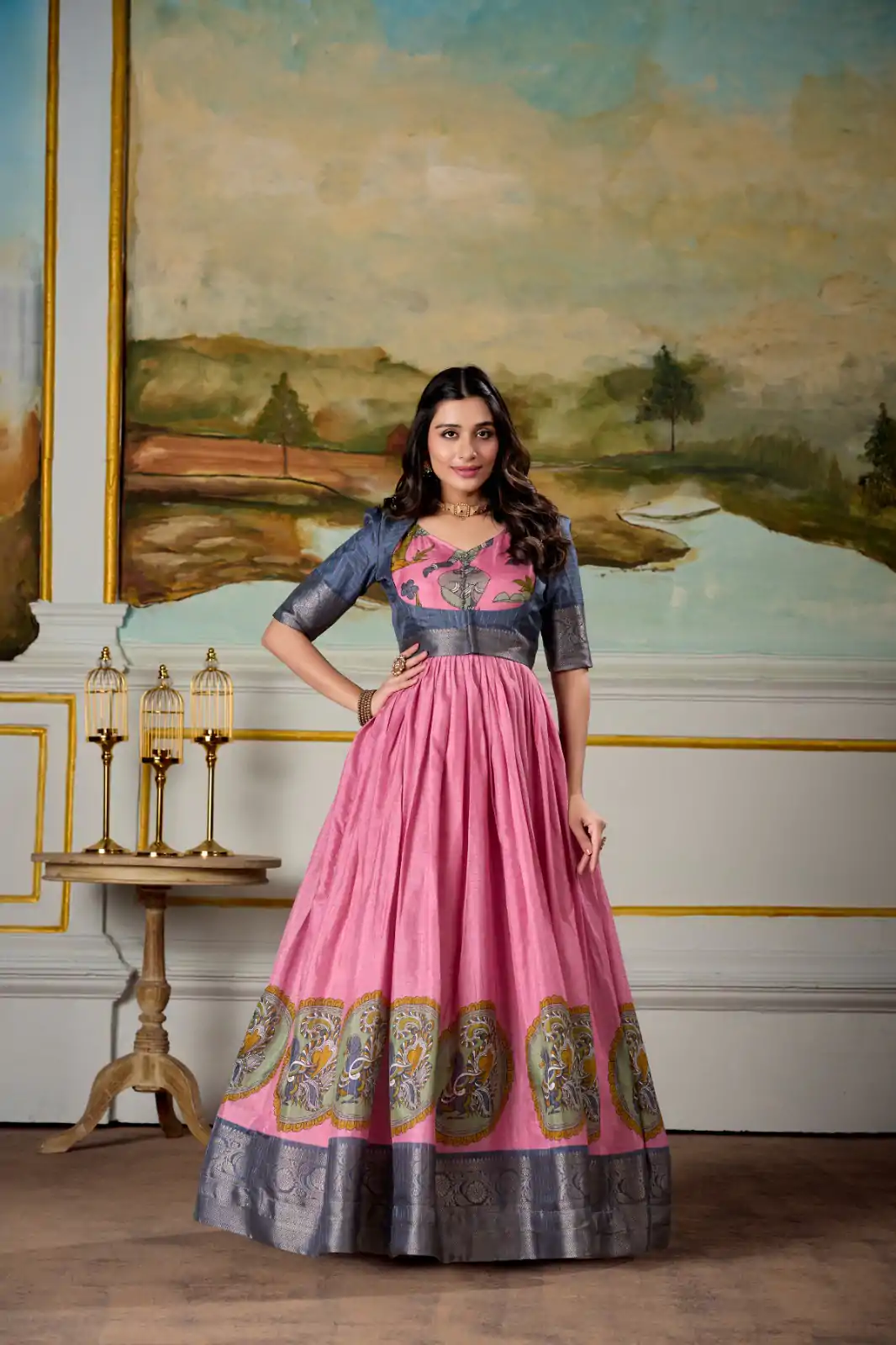 YNF 5310 Pink Color Dola Silk Kalamkari Print Zari Weaving Broder Gown Casual, Wedding, Party, Festive, Events Etc.4-6 Working Days@ 1749/-only | Bollywood Gowns, Creative Gowns, Designer Gowns, Embroidered Gowns, Gowns, Party Wear Gowns