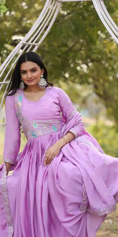 Ram 093 Purple Color Chinon Sequence With Thread Work Gown Casual, Wedding, Party, Festive, Events Etc.4-6 Working Days@ 2049/-only | Bollywood Gowns, Creative Gowns, Designer Gowns, Embroidered Gowns, Gowns, Party Wear Gowns