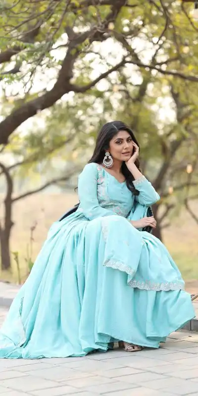 Ram 093 Rama Color Chinon Sequence With Thread Work Gown Casual, Wedding, Party, Festive, Events Etc.4-6 Working Days@ 2049/-only | Bollywood Gowns, Creative Gowns, Designer Gowns, Embroidered Gowns, Gowns, Party Wear Gowns