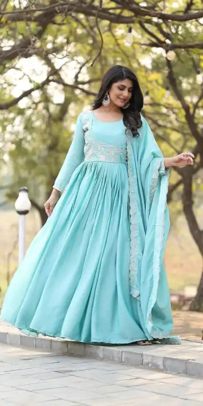 Ram 093 Rama Color Chinon Sequence With Thread Work Gown Casual, Wedding, Party, Festive, Events Etc.4-6 Working Days@ 2049/-only | Bollywood Gowns, Creative Gowns, Designer Gowns, Embroidered Gowns, Gowns, Party Wear Gowns