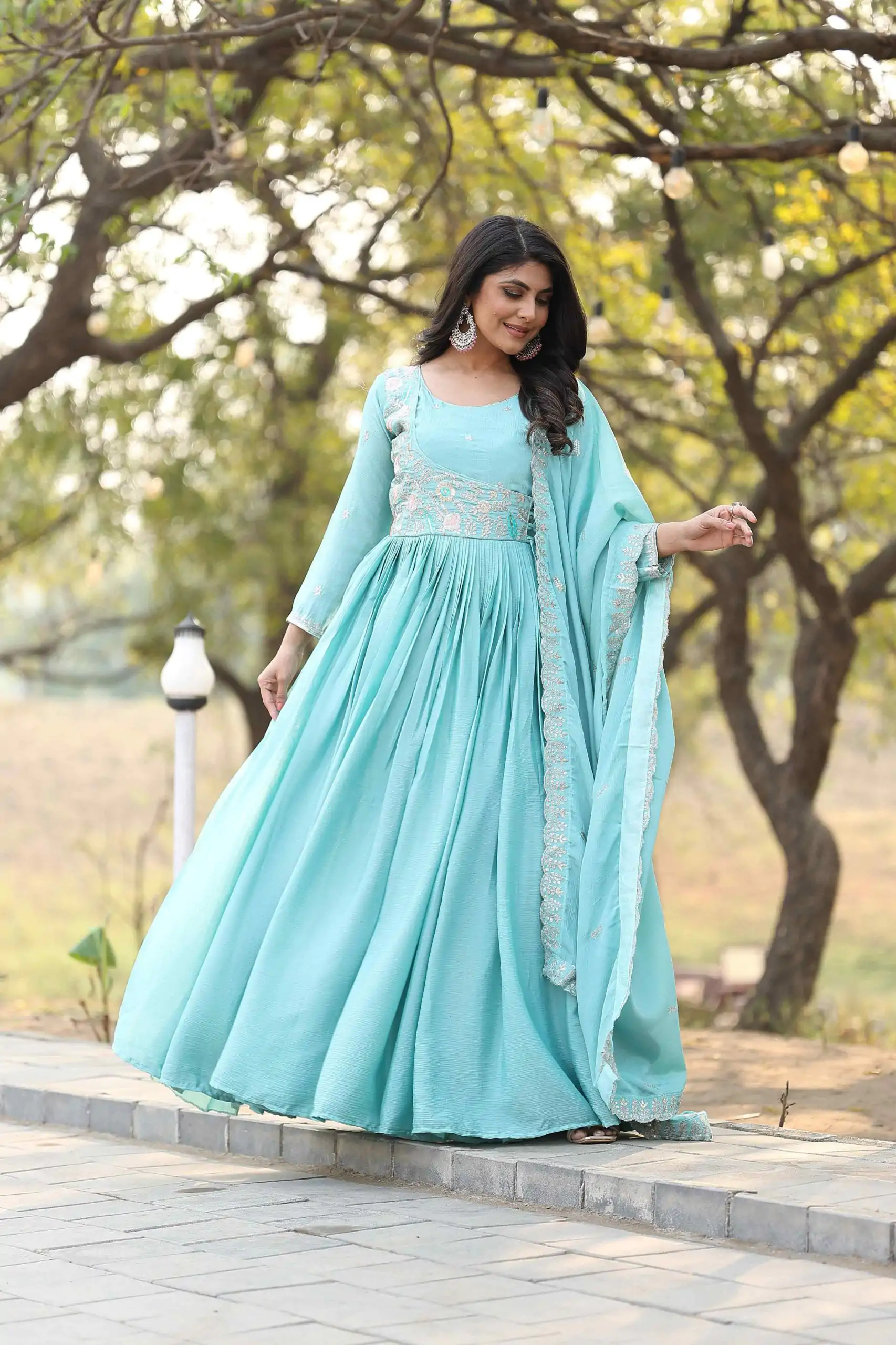 Ram 093 Rama Color Chinon Sequence With Thread Work Gown Casual, Wedding, Party, Festive, Events Etc.4-6 Working Days@ 2049/-only | Bollywood Gowns, Creative Gowns, Designer Gowns, Embroidered Gowns, Gowns, Party Wear Gowns