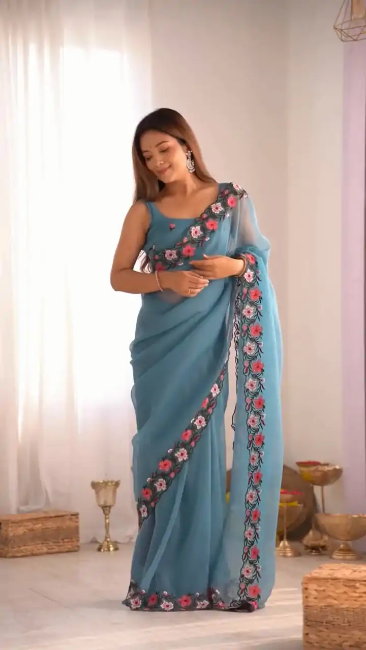BT 1262 Sky Blue Color Georgette Pastel Embroidery Multi Work Saree Casual, Wedding, Festive, Events . Expected Delivery  4-6 Working Days @1699/- only                                                                                                                                             | Embroidered Sarees, Bollywood Sarees, Creative Sarees, Designer Sarees, Ethnic Saree, Modern Digital sarees, Party Wear Sarees, Sarees