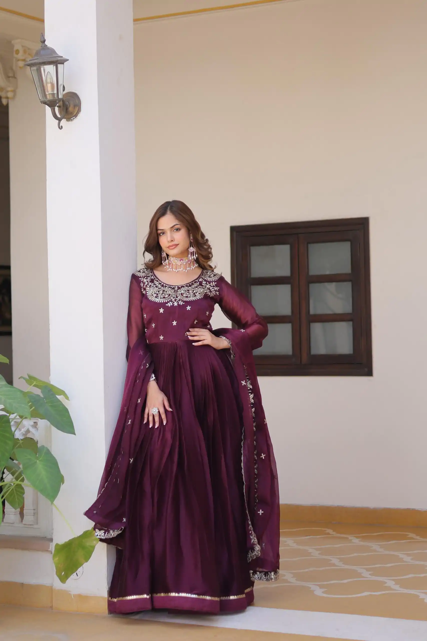 Ram 092 Wine Color Burberry Silk Sequence Work Readmit Less Gown Casual, Wedding, Festive, Events . Expected Delivery  4-6 Working Days @2149/- only      | Bollywood Gowns, Creative Gowns, Designer Gowns, Embroidered Gowns, Gowns, Party Wear Gowns