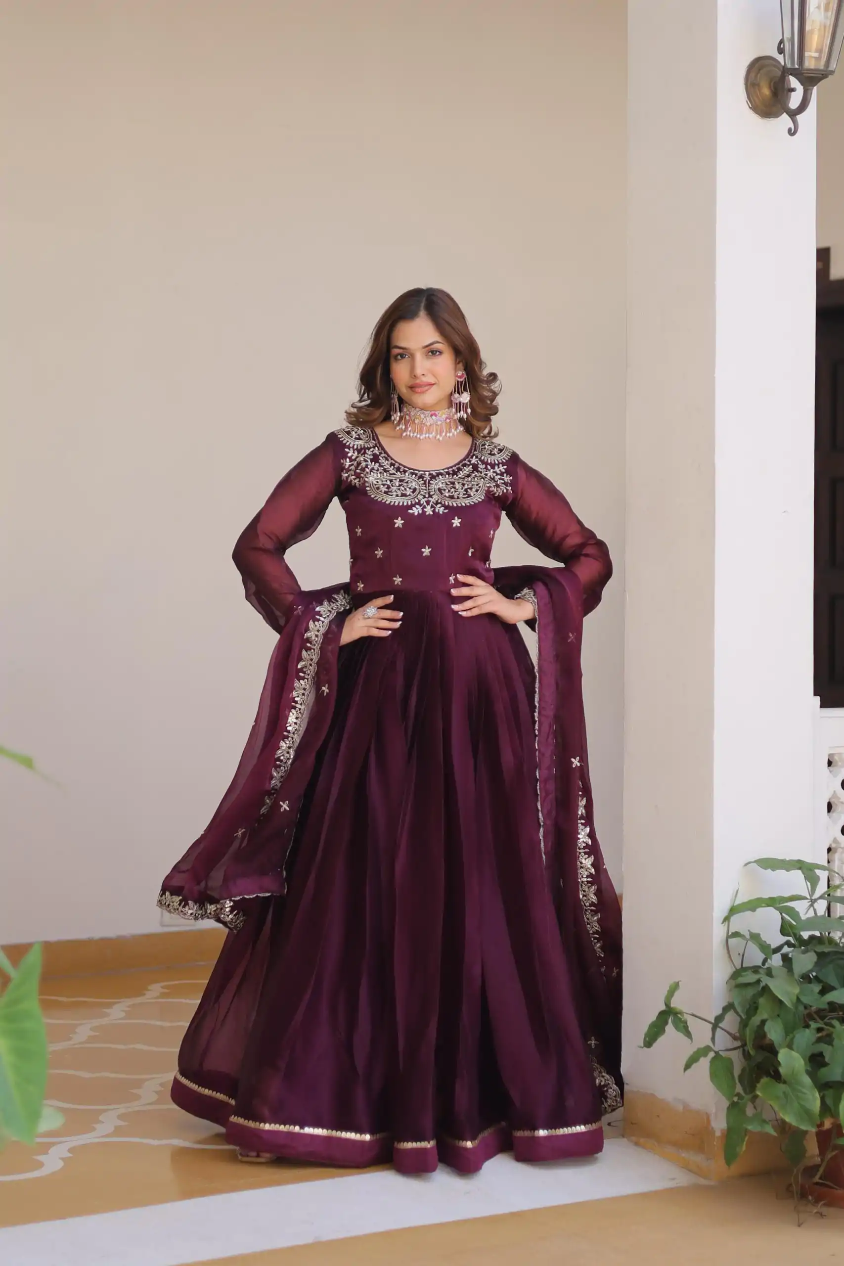 Ram 092 Wine Color Burberry Silk Sequence Work Readmit Less Gown Casual, Wedding, Festive, Events . Expected Delivery  4-6 Working Days @2149/- only      | Bollywood Gowns, Creative Gowns, Designer Gowns, Embroidered Gowns, Gowns, Party Wear Gowns