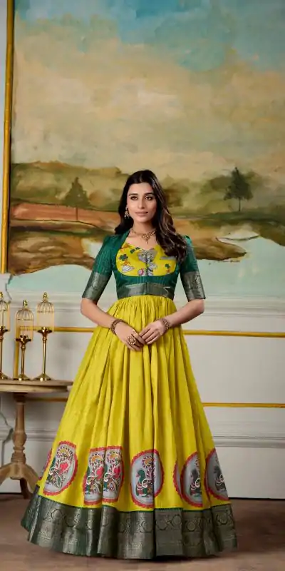 YNF 5310 Yellow Color Dola Silk Kalamkari Print Zari Weaving Broder Gown Casual, Wedding, Party, Festive, Events Etc.4-6 Working Days@ 1749/-only | Bollywood Gowns, Creative Gowns, Designer Gowns, Embroidered Gowns, Gowns, Party Wear Gowns