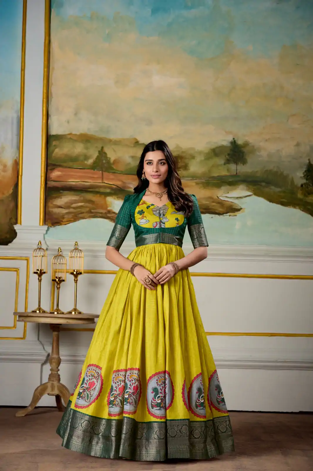 YNF 5310 Yellow Color Dola Silk Kalamkari Print Zari Weaving Broder Gown Casual, Wedding, Party, Festive, Events Etc.4-6 Working Days@ 1749/-only | Bollywood Gowns, Creative Gowns, Designer Gowns, Embroidered Gowns, Gowns, Party Wear Gowns
