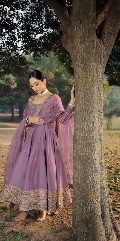 ZF 414 Light Purple Color Roman Silk Embroidery Sequence Work Gown Casual, Wedding, Party, Festive, Events Etc.4-6 Working Days@ 2149/-only | Bollywood Gowns, Creative Gowns, Designer Gowns, Embroidered Gowns, Gowns, Party Wear Gowns