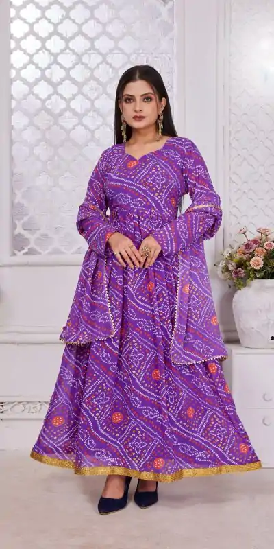 INLI Banno Swag Pink Color Georgette Print With Lace Work Gown Casual, Wedding, Festive, Events . Expected Delivery  4-6 Working Days @1699/- only      | Bollywood Gowns, Creative Gowns, Designer Gowns, Embroidered Gowns, Gowns, Party Wear Gowns