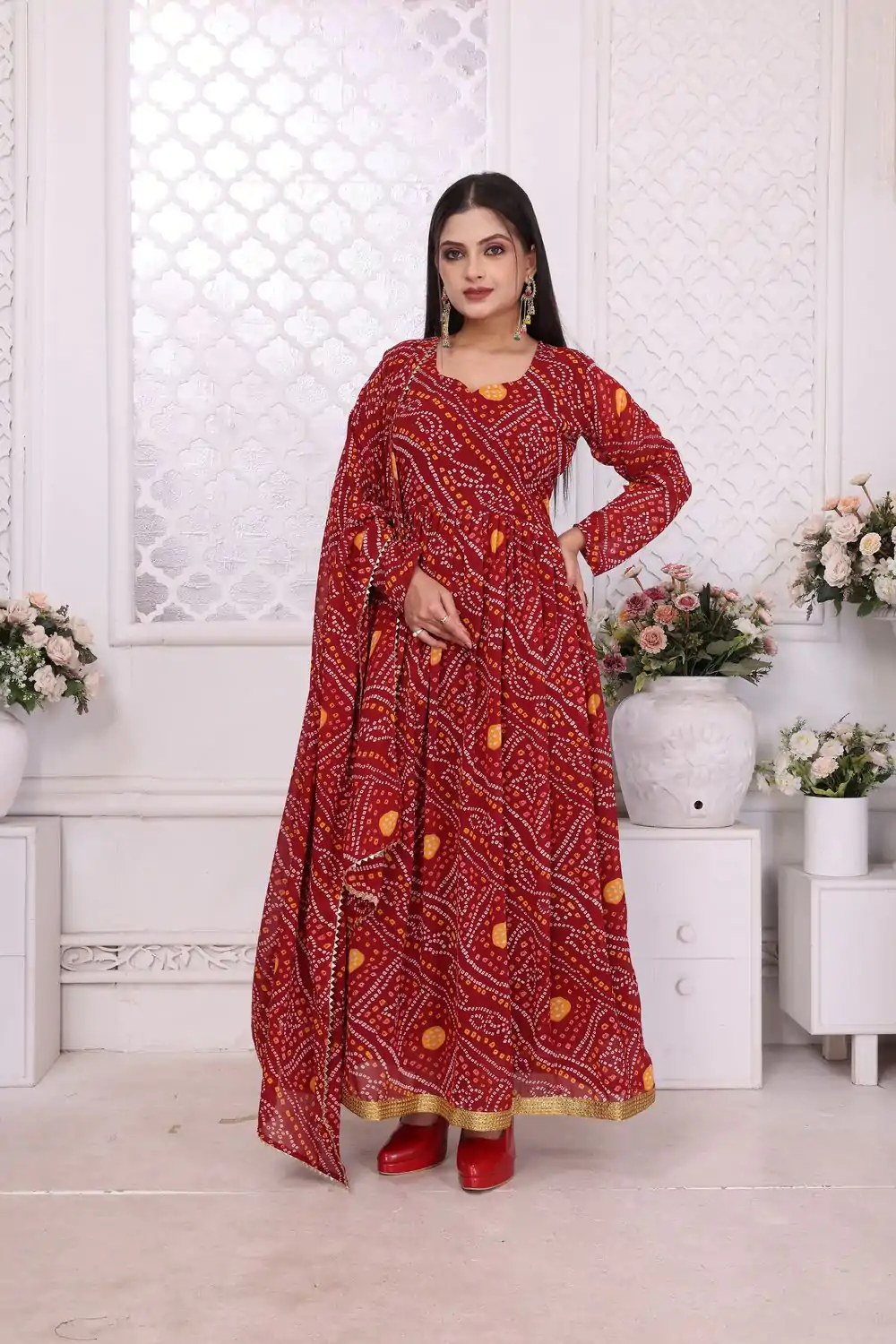 INLI Banno Swag Red Color Georgette Print With Lace Work Gown Casual, Wedding, Festive, Events . Expected Delivery  4-6 Working Days @1699/- only      | Bollywood Gowns, Creative Gowns, Designer Gowns, Embroidered Gowns, Gowns, Party Wear Gowns