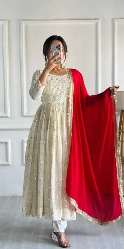 VLM 251 Half White Color Georgette Embroidery Work Gown Casual, Wedding, Party, Festive, Events Etc. Expected Delivery 4-6 Working Days @2099/- | Bollywood Gowns, Creative Gowns, Designer Gowns, Embroidered Gowns, Gowns, Party Wear Gowns