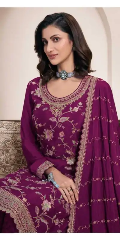 FC 73411 Wine Color Chinon Multi Work Salwar Suit Casual, Wedding, Festive, Events . Expected Delivery  4-6 Working Days @2599/- only      | Casual Suits, Jump Suits, Creative suits, Designer Suits, Palazzo Suits, Party Wear Suits, Patiala Suits, Salwar suit, Straight Suits