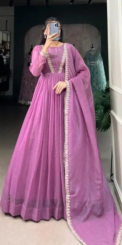 YNF 5500 Purple Color Silver Glory Hotfix Sequins Thread Work Gown Casual, Wedding, Party, Festive, Events Etc. Expected Delivery 4-6 Working Days @1999/- | Bollywood Gowns, Creative Gowns, Designer Gowns, Embroidered Gowns, Gowns, Party Wear Gowns