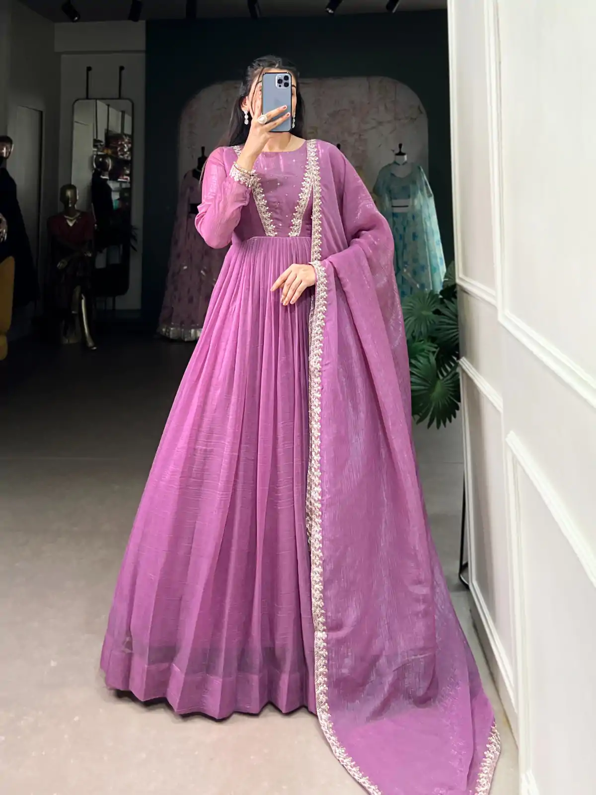 YNF 5500 Purple Color Silver Glory Hotfix Sequins Thread Work Gown Casual, Wedding, Party, Festive, Events Etc. Expected Delivery 4-6 Working Days @1999/- | Bollywood Gowns, Creative Gowns, Designer Gowns, Embroidered Gowns, Gowns, Party Wear Gowns