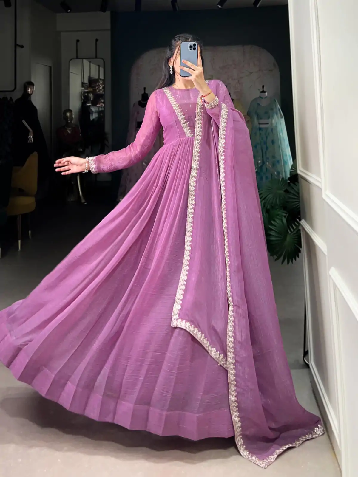 YNF 5500 Purple Color Silver Glory Hotfix Sequins Thread Work Gown Casual, Wedding, Party, Festive, Events Etc. Expected Delivery 4-6 Working Days @1999/- | Bollywood Gowns, Creative Gowns, Designer Gowns, Embroidered Gowns, Gowns, Party Wear Gowns
