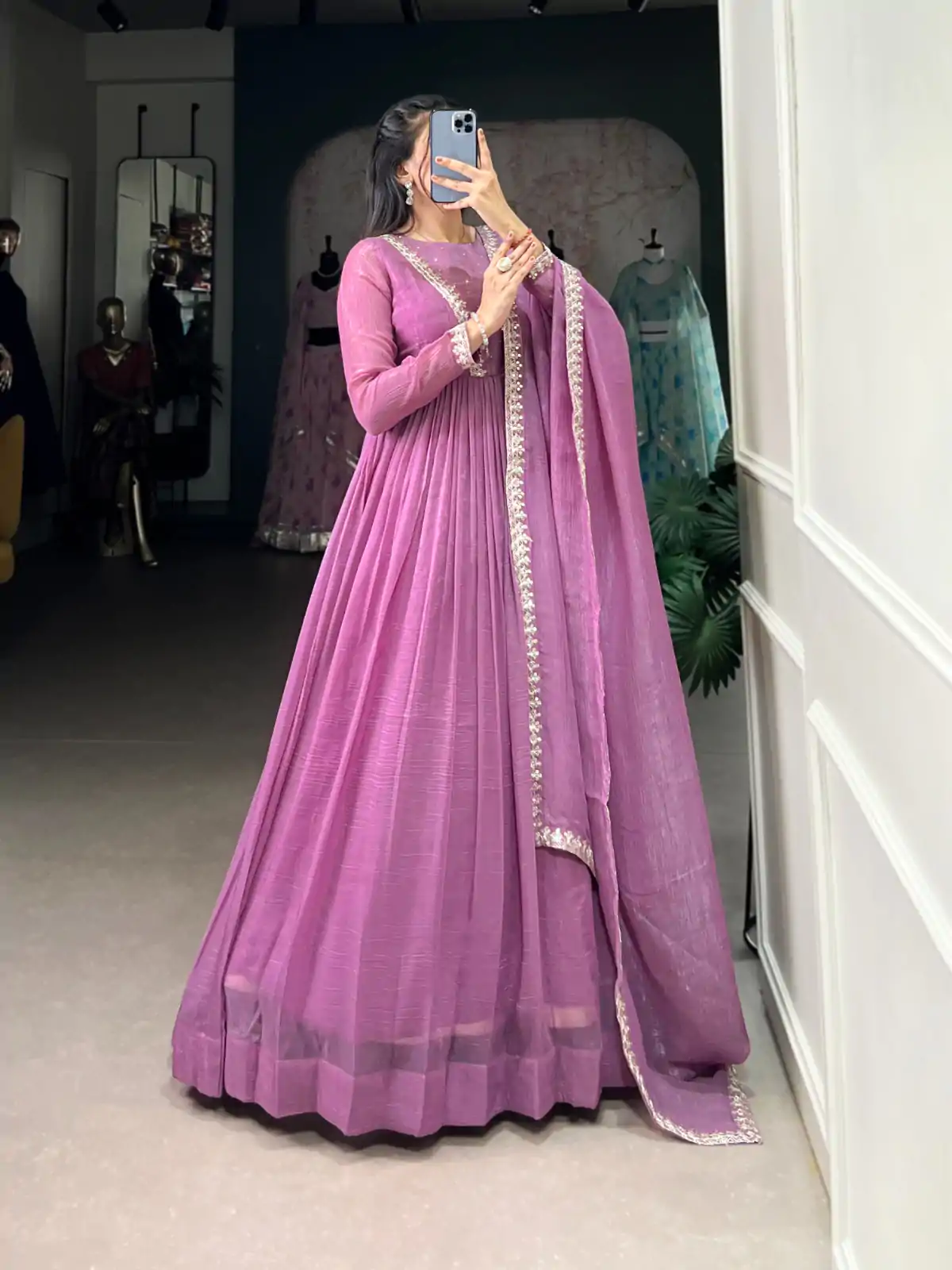 YNF 5500 Purple Color Silver Glory Hotfix Sequins Thread Work Gown Casual, Wedding, Party, Festive, Events Etc. Expected Delivery 4-6 Working Days @1999/- | Bollywood Gowns, Creative Gowns, Designer Gowns, Embroidered Gowns, Gowns, Party Wear Gowns