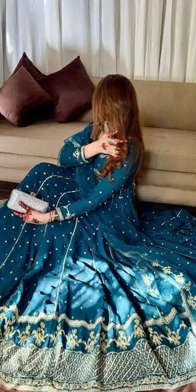 VLM 272 Rama Blue Color Star Georgette Embroidery Work Gown Casual, Wedding, Party, Festive, Events Etc. Expected Delivery 4-6 Working Days @2049/- | Bollywood Gowns, Creative Gowns, Designer Gowns, Embroidered Gowns, Gowns, Party Wear Gowns