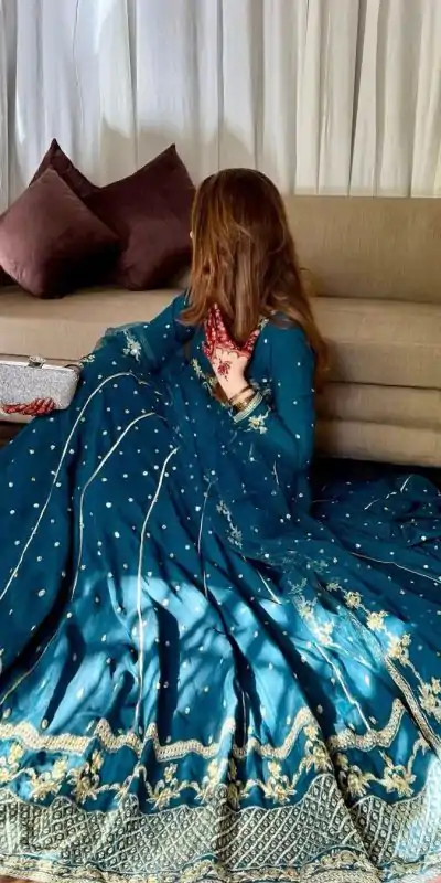 VLM 272 Rama Blue Color Star Georgette Embroidery Work Gown Casual, Wedding, Party, Festive, Events Etc. Expected Delivery 4-6 Working Days @2049/- | Bollywood Gowns, Creative Gowns, Designer Gowns, Embroidered Gowns, Gowns, Party Wear Gowns