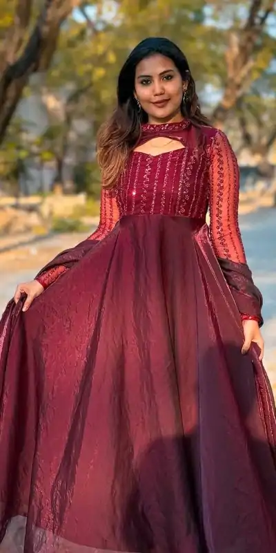 ND 5038 Red Color Jimmy Chu With Sequence Embroidery Work Gown Casual, Wedding, Party, Festive, Events Etc.4-6 Working Days@ 2099/-only | Bollywood Gowns, Creative Gowns, Designer Gowns, Embroidered Gowns, Gowns, Party Wear Gowns