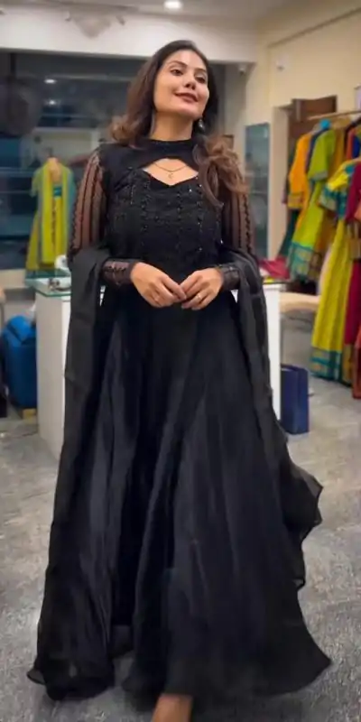 ND 5038 Black Color Jimmy Chu With Sequence Embroidery Work Gown Casual, Wedding, Party, Festive, Events Etc.4-6 Working Days@ 2099/-only | Bollywood Gowns, Creative Gowns, Designer Gowns, Embroidered Gowns, Gowns, Party Wear Gowns