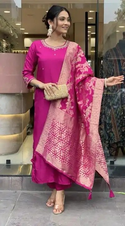 MF 755 Rani pink Color Roman Silk Coding Work Salwar Suit Casual, Wedding, Party, Festive, Events Etc.4-6 Working Days@ 1699/-only | Casual Suits, Jump Suits, Creative suits, Designer Suits, Palazzo Suits, Party Wear Suits, Patiala Suits, Salwar suit, Straight Suits