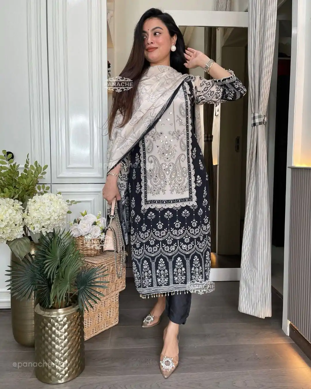 BE 337 White Color Chinon Printed Mirror Work Salwar Suit Casual, Wedding, Festive, Events . Expected Delivery  4-6 Working Days @1799/- only      | Casual Suits, Jump Suits, Creative suits, Designer Suits, Palazzo Suits, Party Wear Suits, Patiala Suits, Salwar suit, Straight Suits