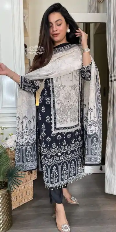 BE 337 White Color Chinon Printed Mirror Work Salwar Suit Casual, Wedding, Festive, Events . Expected Delivery  4-6 Working Days @1799/- only      | Casual Suits, Jump Suits, Creative suits, Designer Suits, Palazzo Suits, Party Wear Suits, Patiala Suits, Salwar suit, Straight Suits