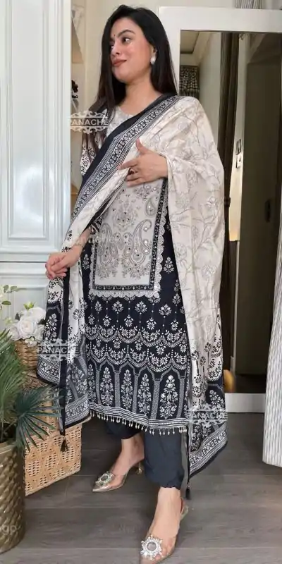 BE 337 White Color Chinon Printed Mirror Work Salwar Suit Casual, Wedding, Festive, Events . Expected Delivery  4-6 Working Days @1799/- only      | Casual Suits, Jump Suits, Creative suits, Designer Suits, Palazzo Suits, Party Wear Suits, Patiala Suits, Salwar suit, Straight Suits