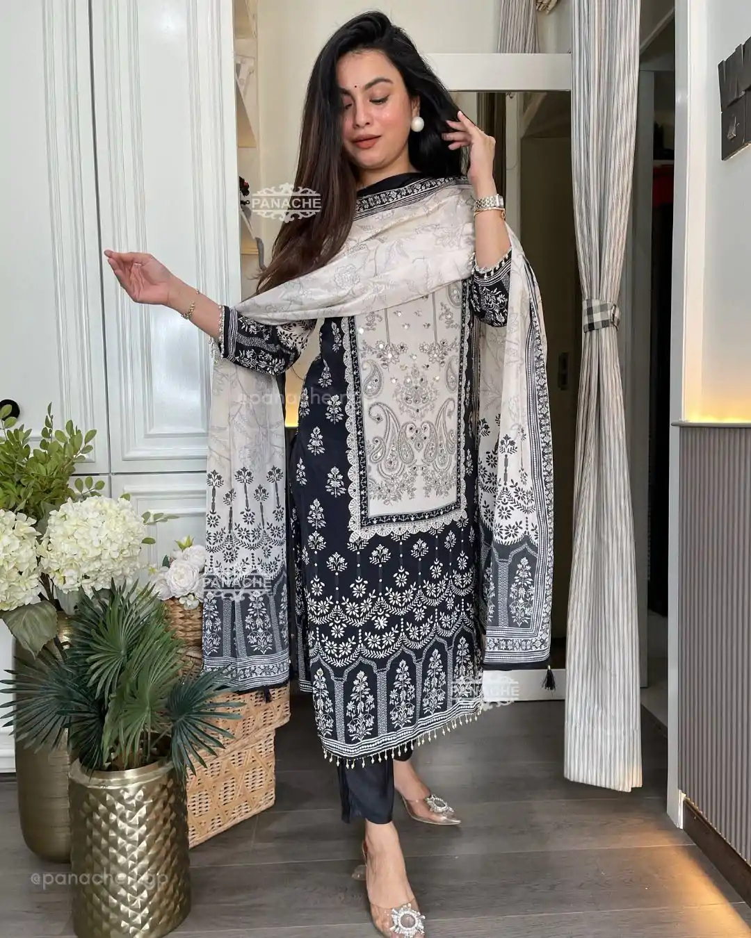 BE 337 White Color Chinon Printed Mirror Work Salwar Suit Casual, Wedding, Festive, Events . Expected Delivery  4-6 Working Days @1799/- only      | Casual Suits, Jump Suits, Creative suits, Designer Suits, Palazzo Suits, Party Wear Suits, Patiala Suits, Salwar suit, Straight Suits