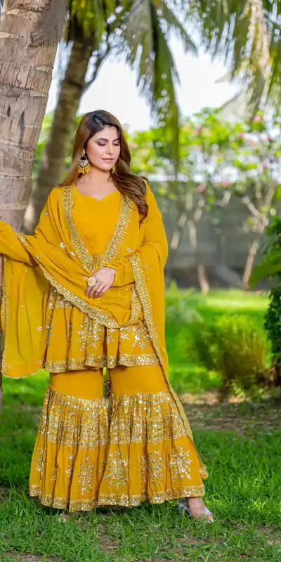 Ram 094 Yellow Color Georgette 7mm Sequence Work Salwar Suit Casual, Wedding, Festive, Events . Expected Delivery  4-6 Working Days @2349/- only      | Casual Suits, Jump Suits, Creative suits, Designer Suits, Palazzo Suits, Party Wear Suits, Patiala Suits, Salwar suit, Straight Suits