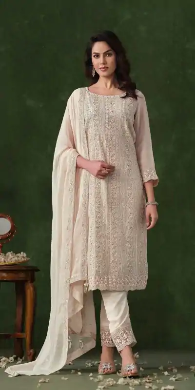 FC 6021 Half White Color Rangoli Coding Sequence Work Salwar Suit Casual, Wedding, Party, Festive, Events Etc.4-6 Working Days@ 2699/-only | Casual Suits, Jump Suits, Creative suits, Designer Suits, Palazzo Suits, Party Wear Suits, Patiala Suits, Salwar suit, Straight Suits